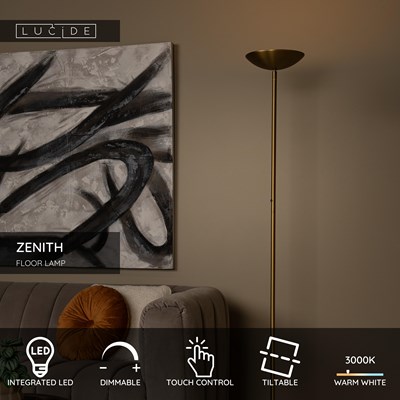 Lucide ZENITH - Floor lamp - Ø 25,4 cm - LED Dim. - 1x20W 3000K - Matt Gold / Brass